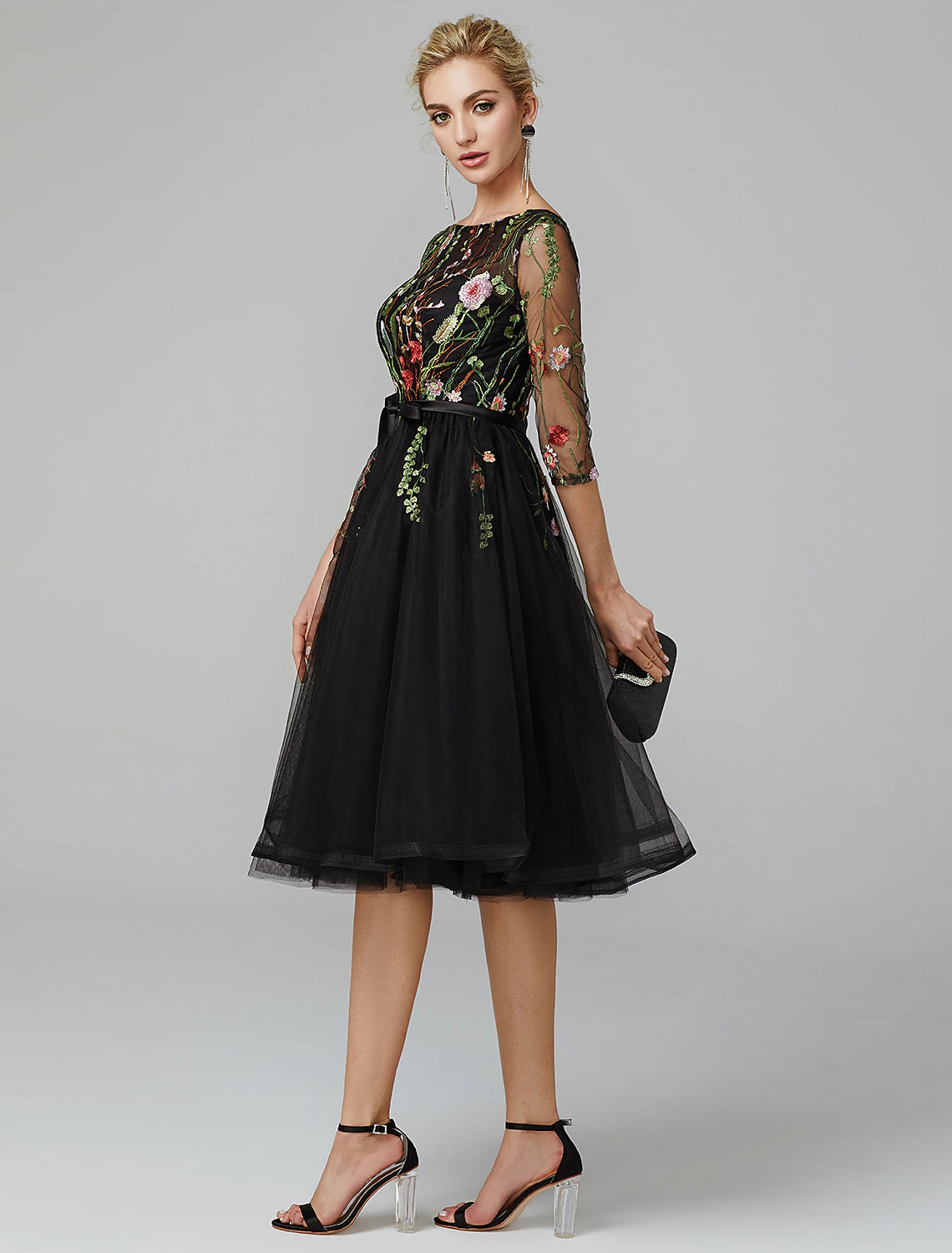 Abito nero a trapezio, vintage, per invitati a matrimoni, cocktail party, lunghezza al ginocchio, maniche lunghe, scollo a V, stile Mercoledì Addams, in tulle con applicazioni ricamate